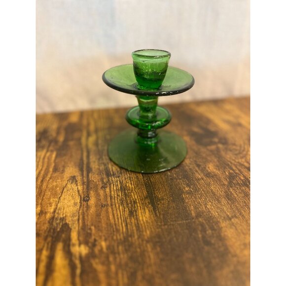 Blenko Style Handblown Deep Green Glass Candle Stick - Picture 6 of 6
